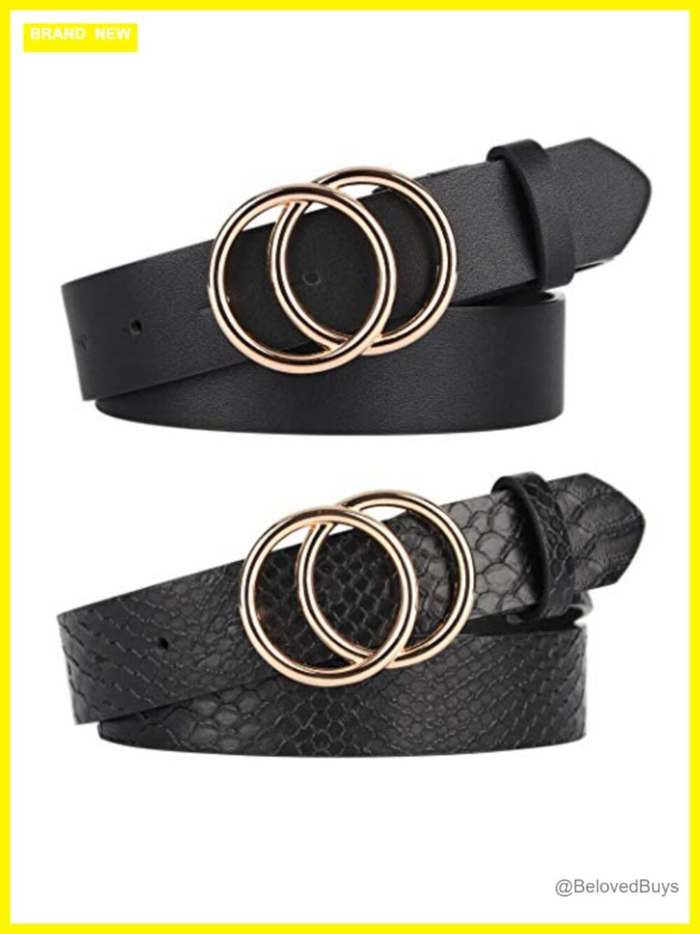 Women's Faux Leather Belts for Jeans Double O-Ring Buckle 2 Pack